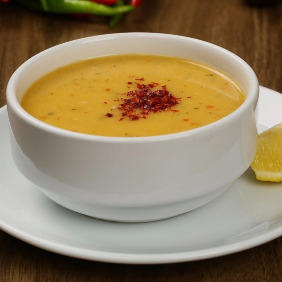 A white bowl of orange lentil soup, topped with red pepper flakes, and a lemon wedge.