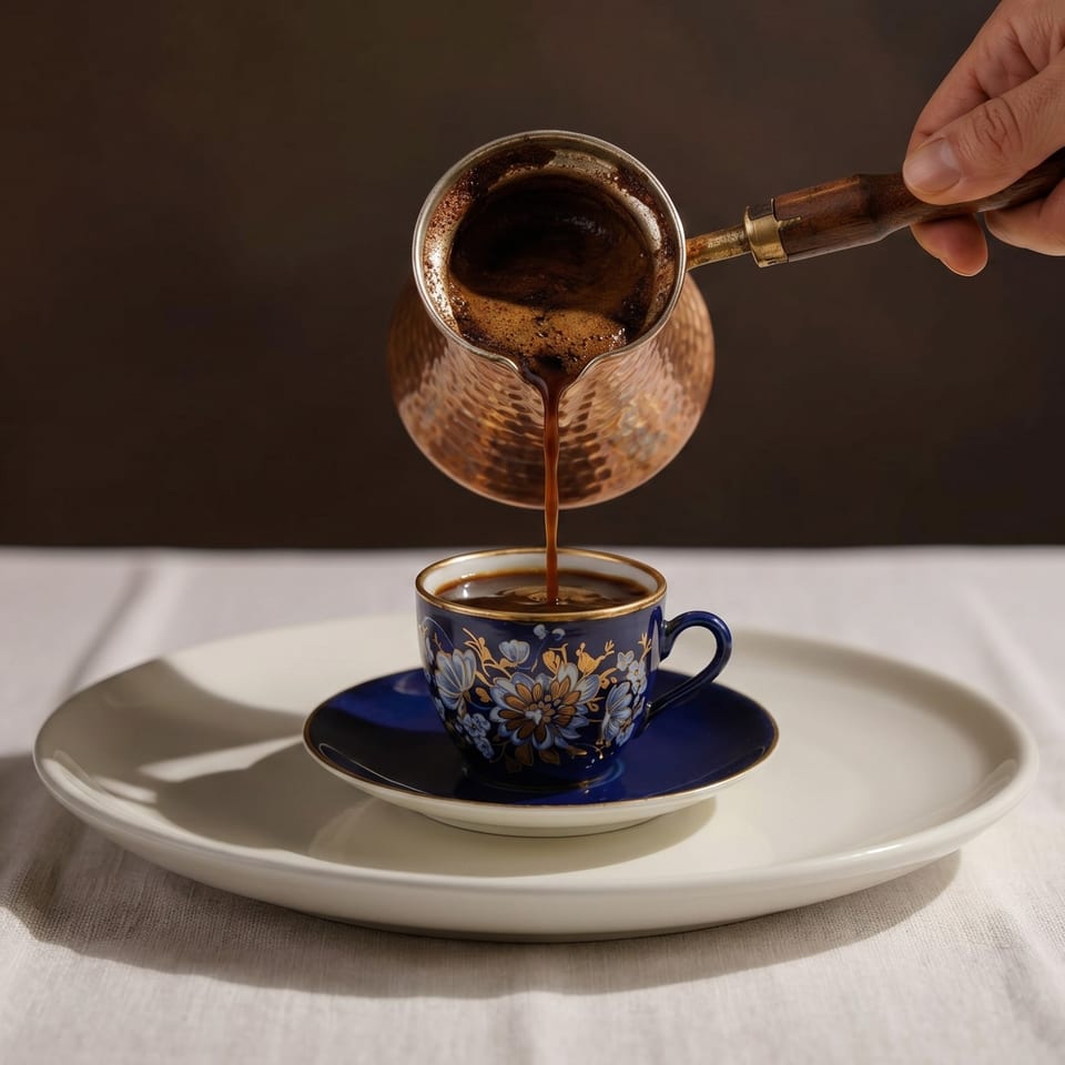 A hand pours dark coffee from a copper cezve into a blue and gold patterned cup.