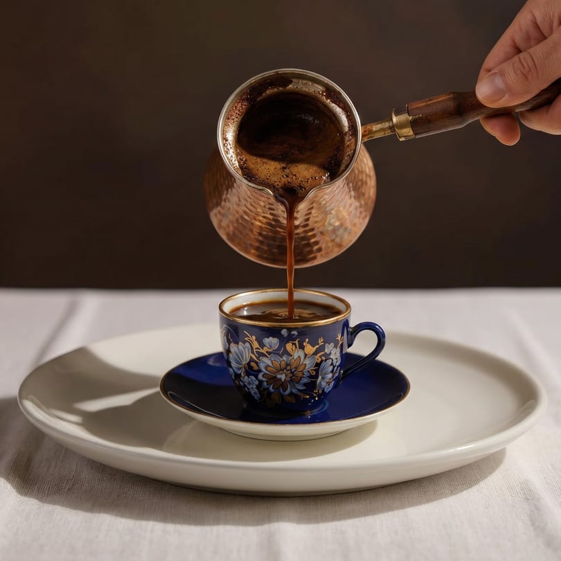 A hand pours dark coffee from a copper cezve into a blue and gold patterned cup.
