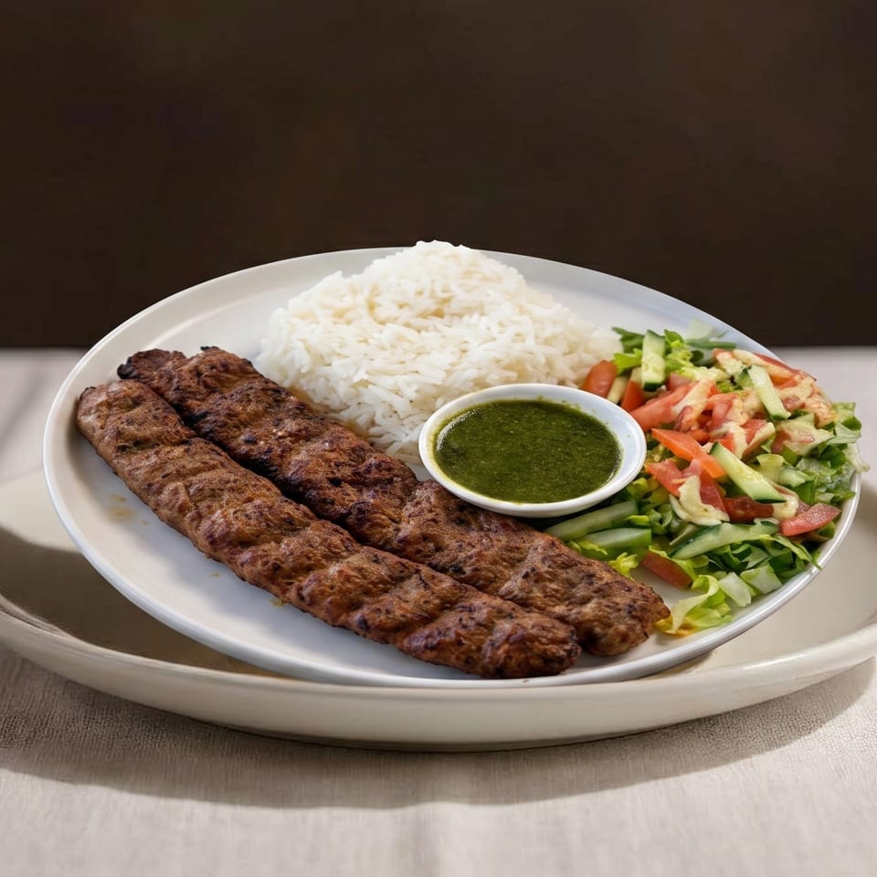 Two grilled meat skewers with rice, a side salad, and green sauce on a white plate.
