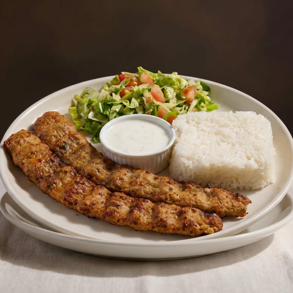 Two grilled meat skewers, white rice, a side salad, and a small bowl of white sauce on a plate.
