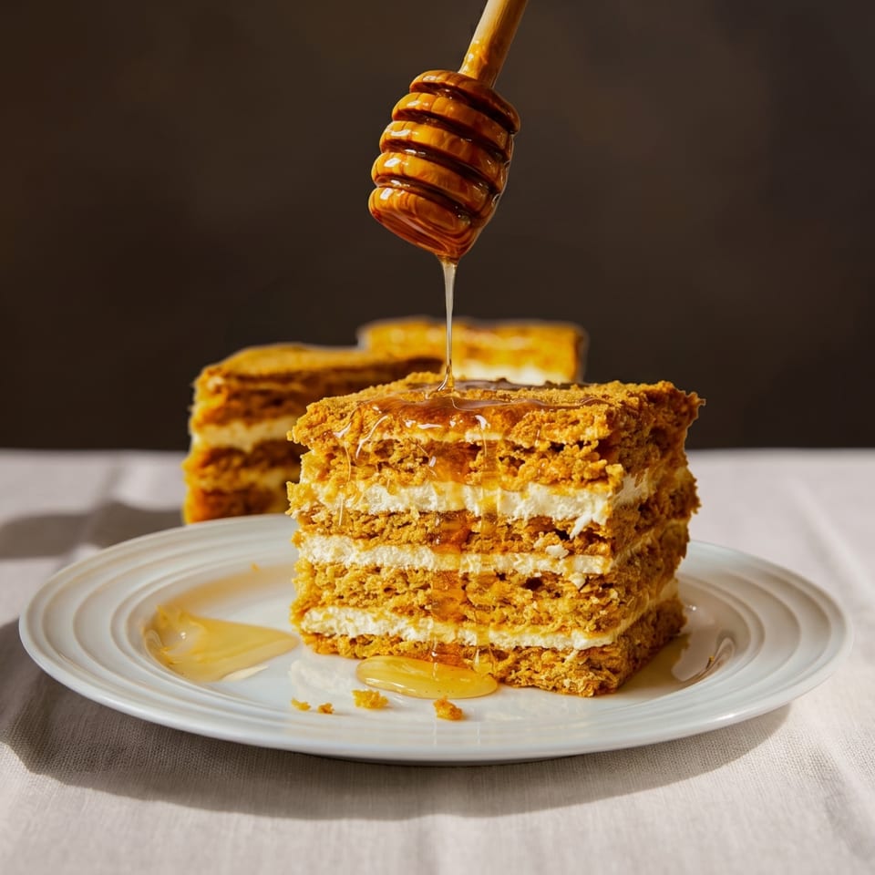 Honey drizzling from a wooden dipper onto a slice of layered honey cake with cream filling.