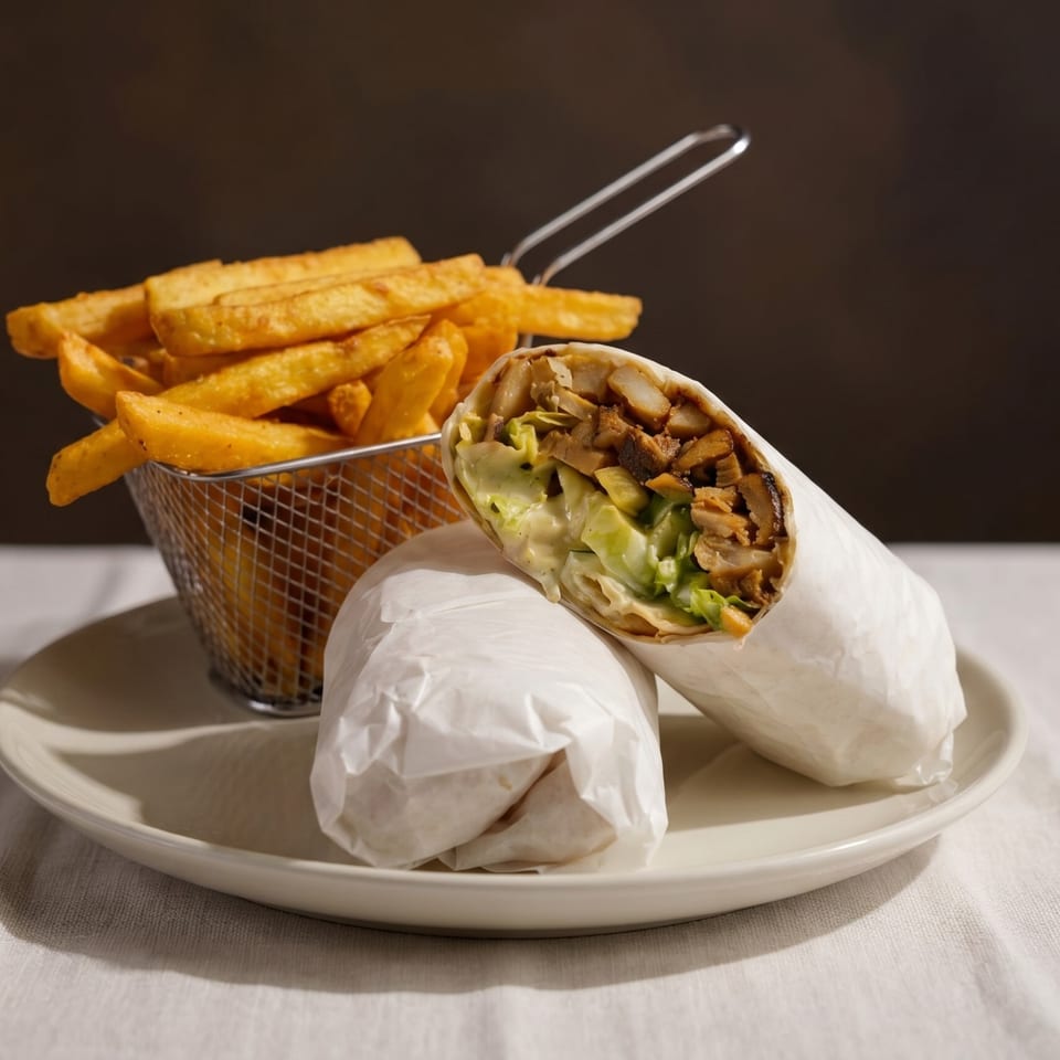 Two shawarma wraps with chicken, lettuce, and sauce, alongside a basket of golden french fries.