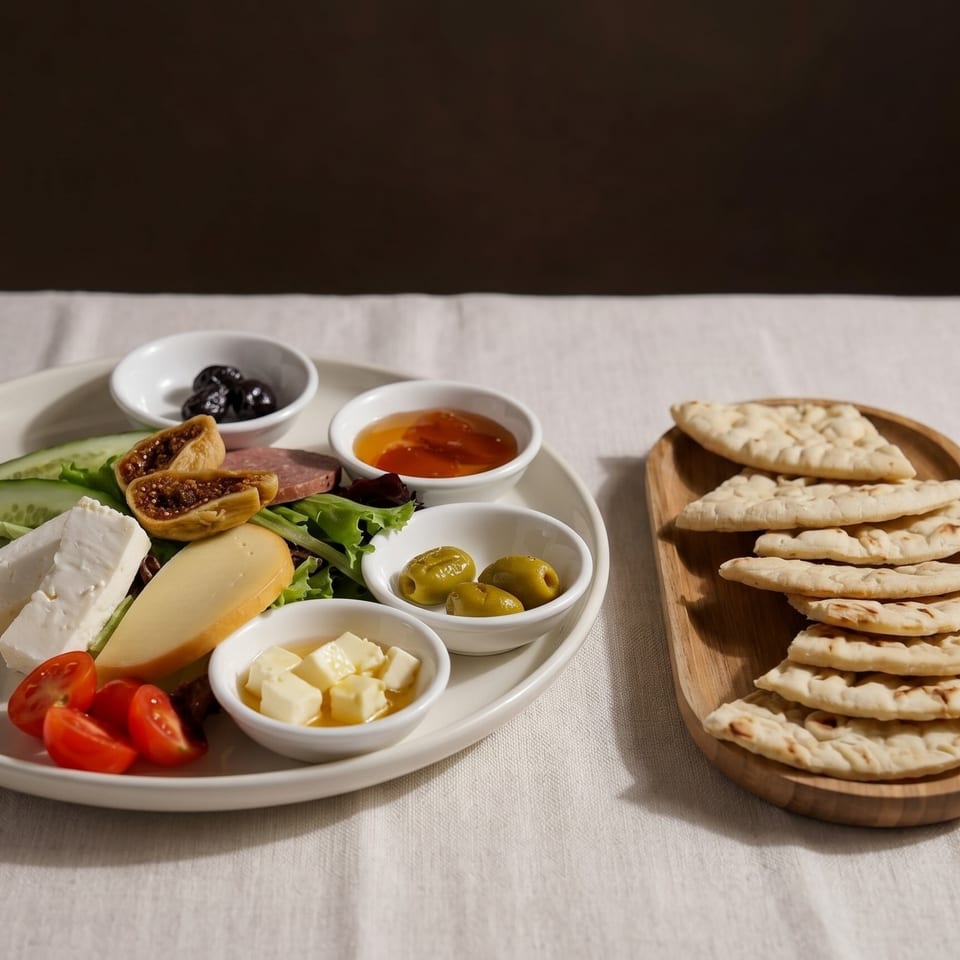 A white plate with cheeses, figs, olives, tomatoes, and salami, served with flatbread on a wooden tray.