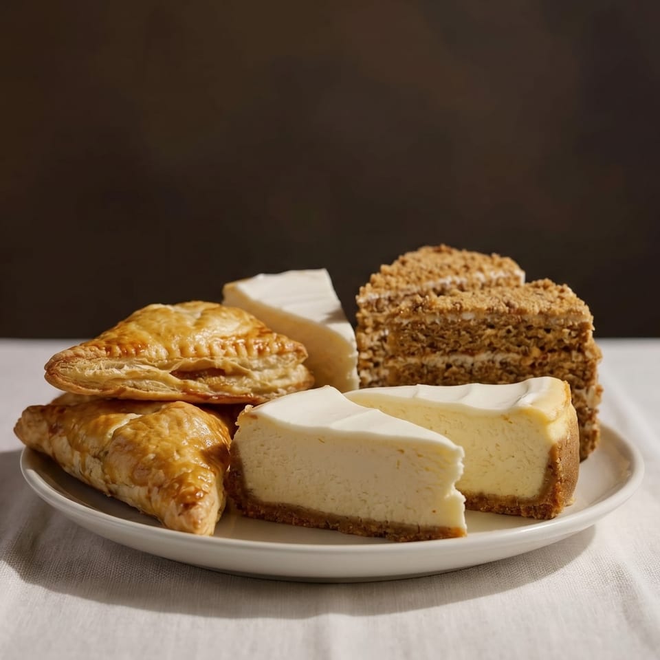 A white plate holds two golden pastries, two slices of cheesecake, and a slice of honey cake.