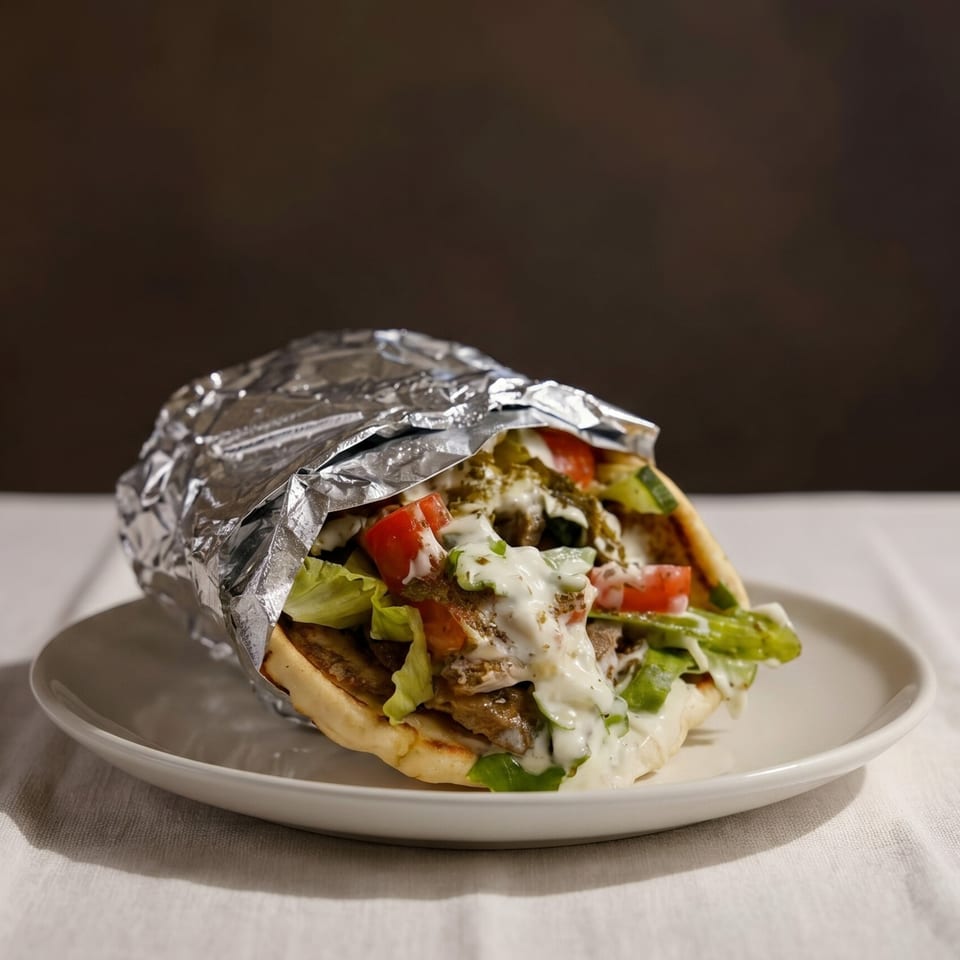 A delicious gyro wrapped in foil, filled with meat, lettuce, tomatoes, and white sauce, on a white plate.